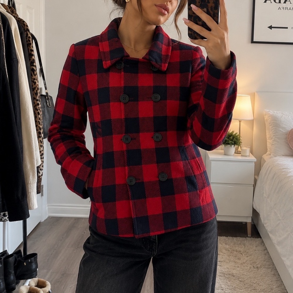 J.Crew Red Navy Buffalo Plaid 100% Wool Double Breasted Pea Coat Jacket 4